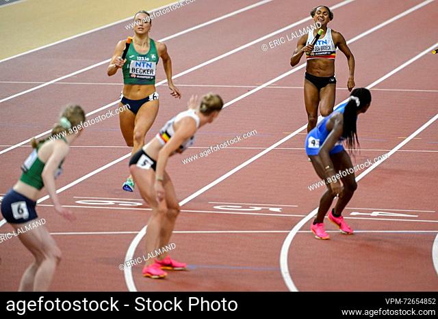 Belgian Imke Vervaet and Belgian Naomi Van den Broeck pictured in action during the 4x400m Women Relay heats at the World Athletics Championships in Budapest
