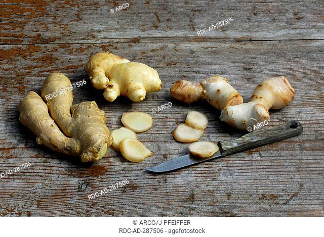 Ginger root and Greater Galangal root / Zingiber officinale, Alpinia galanga / knife