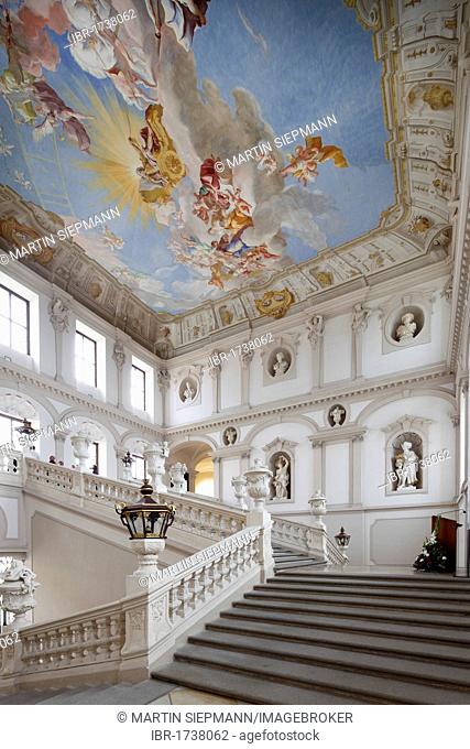 Emperor's Staircase in the Imperial Wing, ceiling frescoes by Paul Troger, Goettweig Abbey, Wachau, Mostviertel, Must Quarter, Lower Austria, Austria, Europe