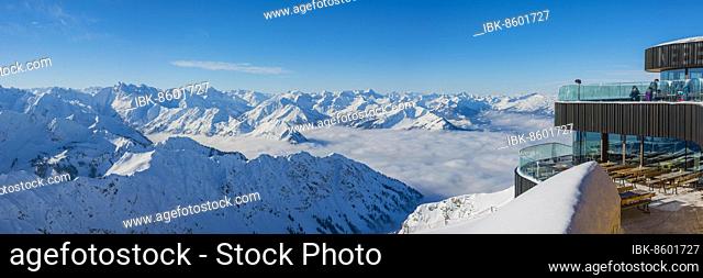 Mountain panorama in winter, snow-covered mountain peaks rise above cloud cover, view from Nebelhorn, 2224m, Allgäu Alps, Allgäu, Bavaria, Germany, Europe