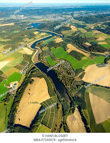 Aerial view, holiday village Knaus Camping, Overview of the Hennesee, Hennesee, low water, lack of water, Meschede (Sauerland), Sauerland