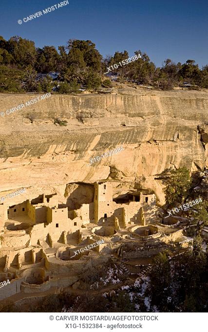 View of Cliff Palace cliff dwellings during winter in Mesa Verde National Park, Colorado, USA