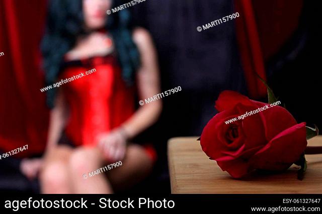 Red Rose With Woman in Red Corset in Background, Shallow DOF