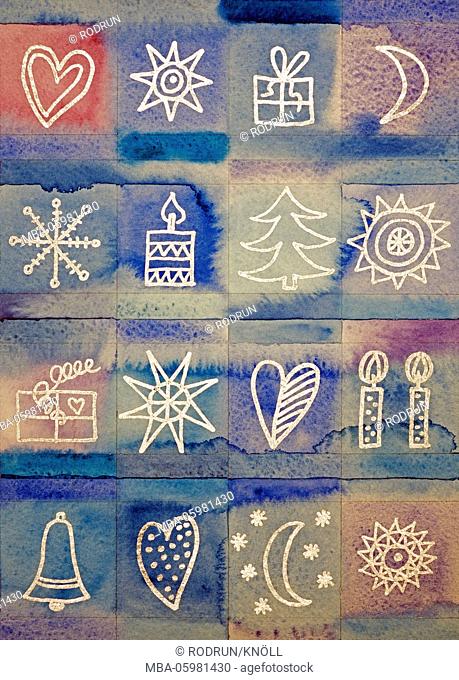 Watercolour of Heidrun Füssenhäuser, Christmas symbols, fir star, candels, presents and little hearts