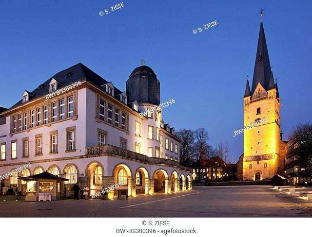 old town hall and St. Vincent Church in evening light, Germany, North Rhine-Westphalia, Sauerland, Menden
