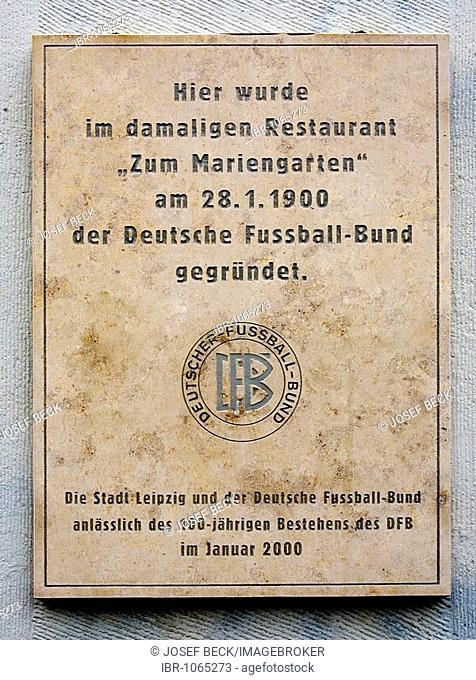 Commemorative plaque to the founding of the Deutscher Fussball Bund, DFB, German football federation, 1900, Restaurant Mariengarten, Leipzig, Saxony, Germany