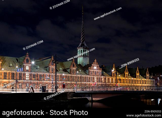Copenhagen, Denmark - March 22, 2016: The Copenhagen stock exchange building by night