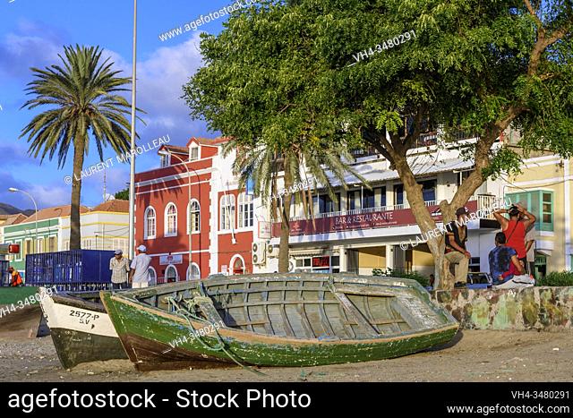 Boats on the Beach at Praia de Bote and Colorful Building of Praia Street, Mindelo, Sao Vicente, Cape Verde Islands, Africa