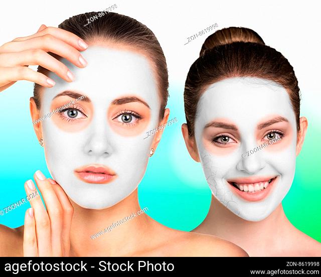 Young woman with clay face mask on her face