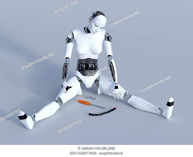 3D rendering of a broken female robot sitting on the floor with cables in her hand and screws and a screwdriver on the floor. Gray background