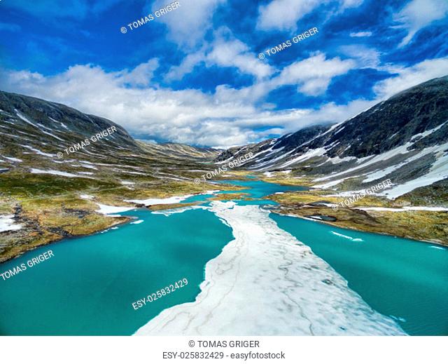 Scenic aerial view of mountain lake in Norway, Gamle Strynefjellsvegen national tourist road