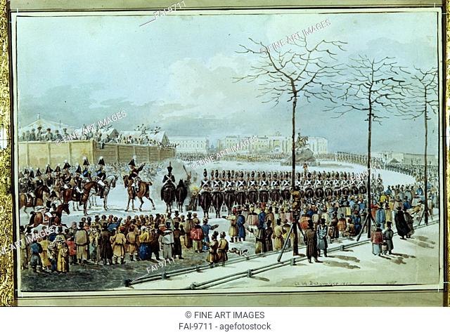 The Decembrist revolt at the Senate Square on December 14, 1825. Kolmann, Karl Ivanovich (1786-1846). Watercolour on paper