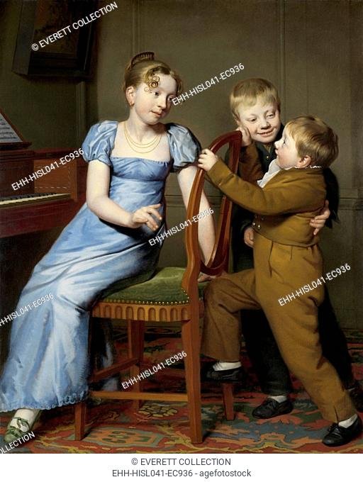 Piano Practice Interrupted, by Willem Bartel van der Kooi, 1808, Dutch painting, oil on canvas. Animated and playful boys interrupting an older girl's musical...