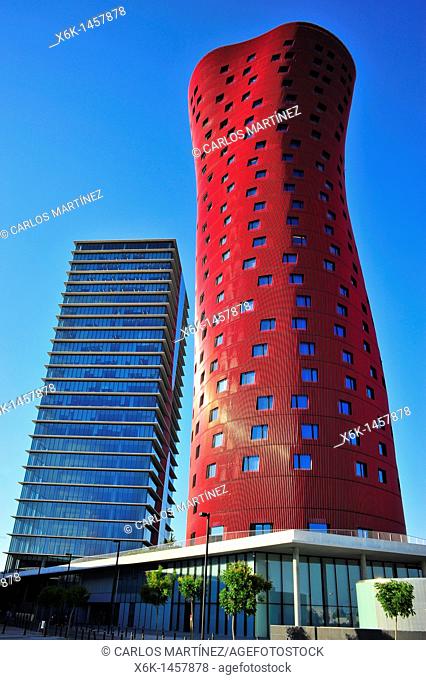 Hotel Porta Fira -right- and Realia tower -left- designed by Japanese architect Toyo Ito, L'Hospitalet de Llobregat, Barcelona province, Catalonia, Spain