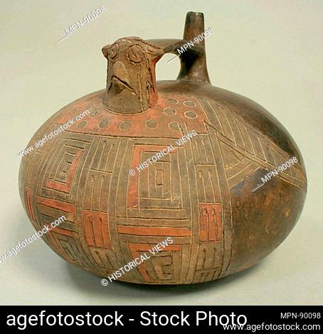 Double Spout and Bridge Bottle with Falcon. Date: 7th-5th century B.C; Geography: Peru, Ica Valley; Culture: Paracas; Medium: Ceramic