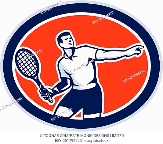 Illustration of a tennis player holding racquet viewed from front set inside oval on isolated background done in retro style