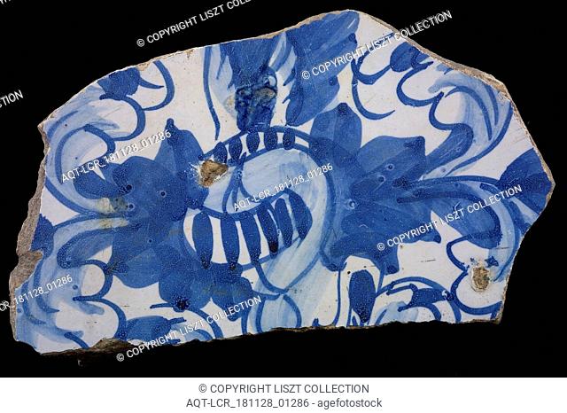 Fragment majolica dish, blue on white, heraldic image, plate dish crockery holder earth discovery ceramics pottery glaze, archeology heraldry serving decorate