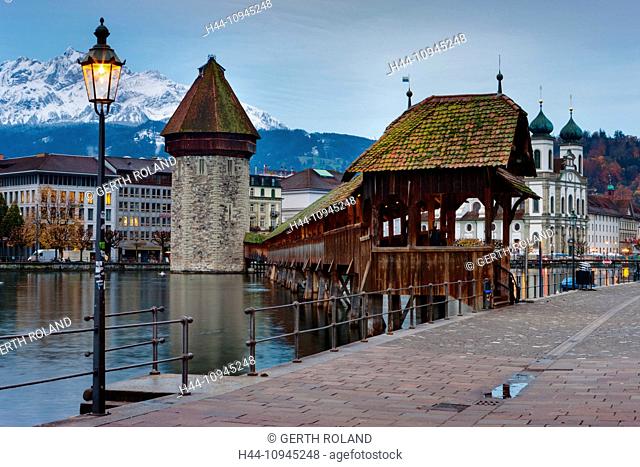 Chapel bridge, town, city, Switzerland, Europe, canton, Lucerne, Luzern, river, flow, Reuss, bridge, wooden bridge, tower, rook, water tower, Old Town, houses