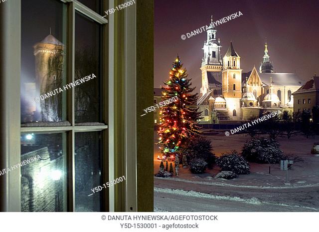 Night view Of Wawel Cathedral in Royal Wawel Castle Complex in Cracow, Royal Archcathedral Basilica of Saints Stanislaus and Wenceslaus on the Wawel Hill -...