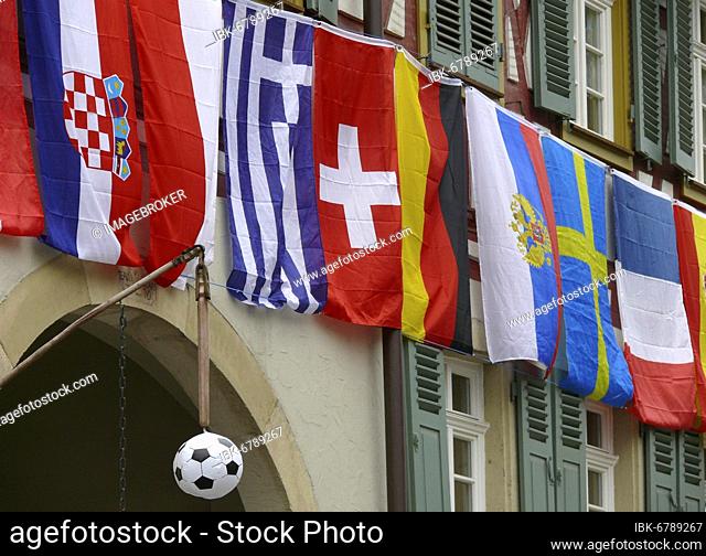 European flags on a half-timbered house, European Football Championship, football with European flags