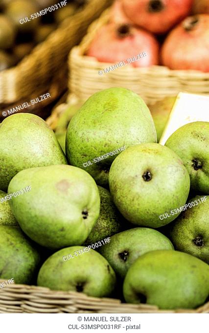 Close up of basket of pears