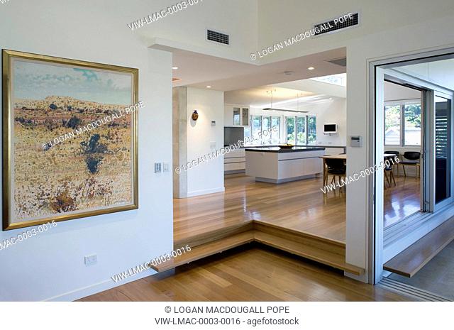 Biscoe Wilson Architects, Brisbane, Queensland, Australia, Private residence, in Brisbane Bay exterior with angle to the kitchen and painting with the sliding...