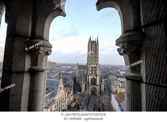 A view from Belfort at the historical Saint Baafs-church in the centre of Gent, Belgium