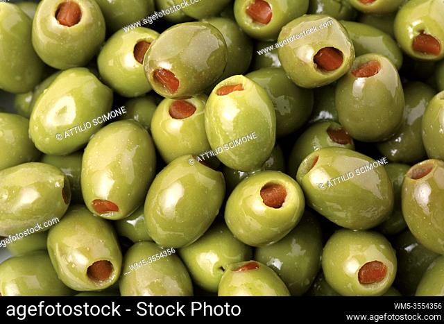 Green olives stuffed with red chilli peppers. Sicilian Food