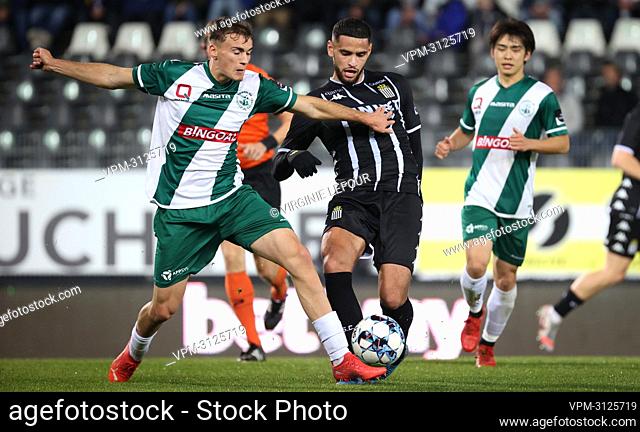 Lommel's Augustin Anello and Charleroi's Adem Zorgane fight for the ball during a soccer game between JPL club Sporting Charleroi and D1B club Lommel SK