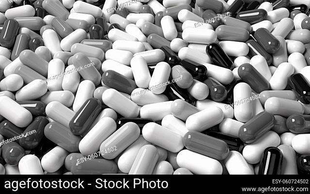 Heap of medicine tablets. Background made from pills or capsules in white and gray colors