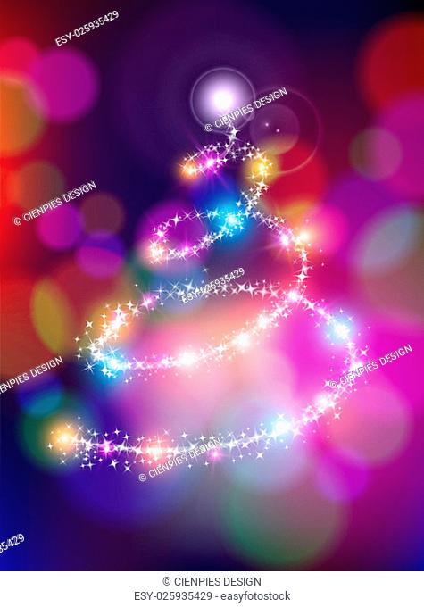 Merry christmas holiday greeting card design with colorful bokeh lights background blur and sparkle stars making xmas pine tree shape