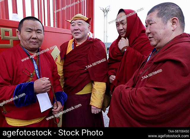 RUSSIA, KYZYL - APRIL 28, 2023: Monks attend the opening of the Tubten Shedrub Ling monastery, the biggest Buddhist monastery in Russia