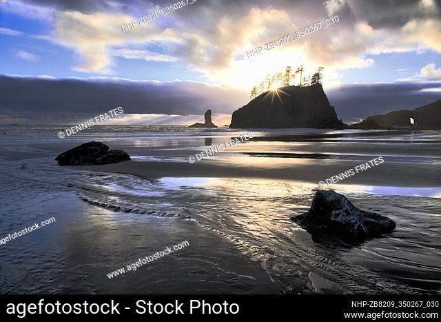 Sunset with stream at Second Beach. Olympic National Park, Washington
