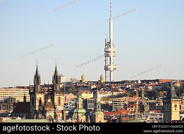 Prague - panorama, from left: the towers of the Church of Our Lady before Tyn (Tyn Church) and the Church of St. Nicholas on Old Town Square