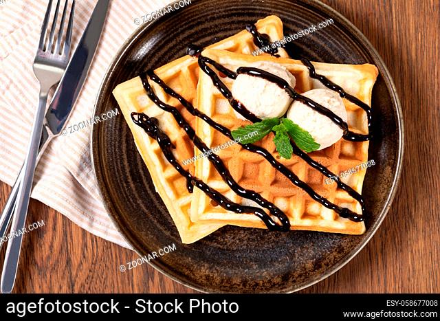 viennese waffles with chocolate syrup
