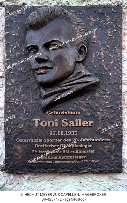 Memorial plaque at the birthplace of the skier Toni Sailer, 1935-2009, Kitzbuhel District, Tyrol, Austria
