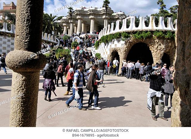 Park Güell  Garden complex with architectural elements situated on the hill of el Carmel  Designed by the Catalan architect Antoni Gaudí and built in the years...