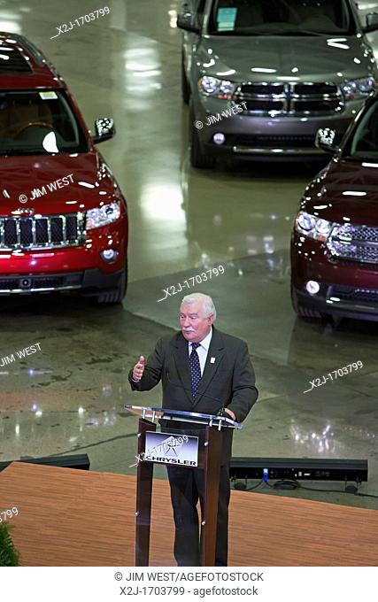 Detroit, Michigan - Lech Walesa speaks during a visit to Chrysler's Jefferson North Assembly Plant  Walesa was a founder of the Solidarity trade union movement...