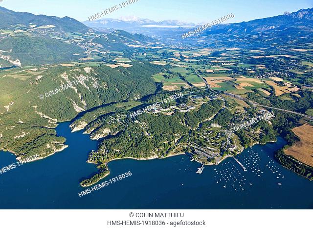 France, Hautes Alpes, Serre Poncon lake, Chorges and Prunieres, Saint Michel Bay (aerial view)