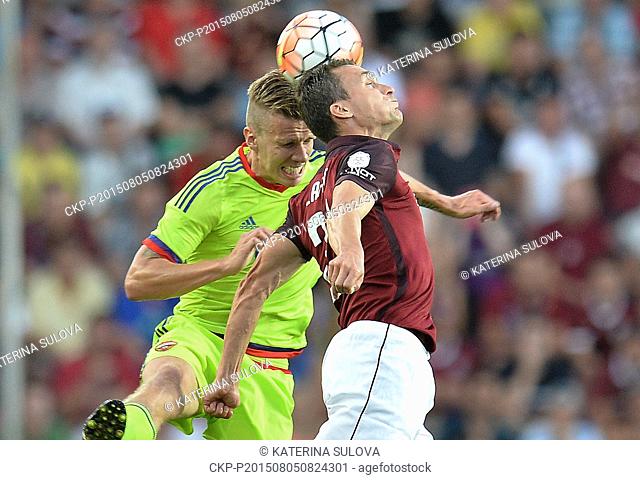 Pontus Wernbloom, of CSKA Moscow, left to right, and David Lafata of Sparta in action during the third qualifying round of the Champions League return match...