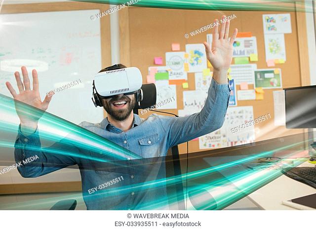 Happy man in VR headset looking to green lights interfaces