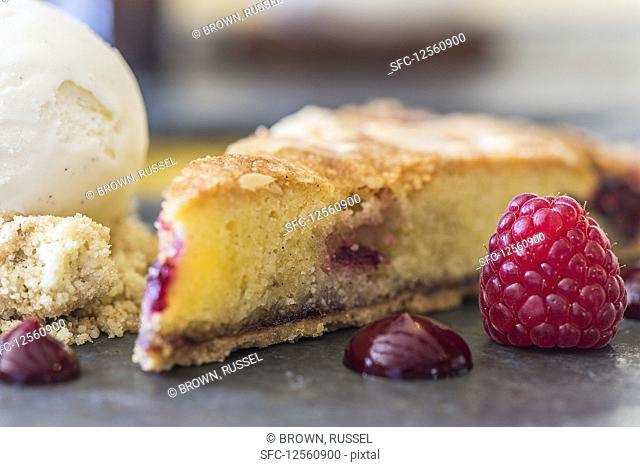 A slice of raspberry cake (close-up)