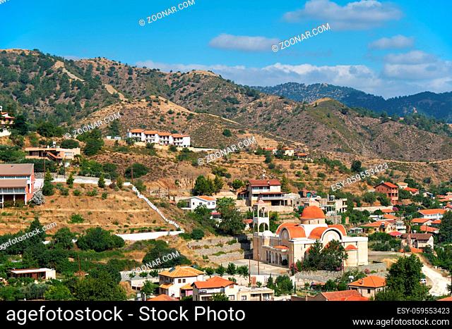 The view of Kakopetria village with the large Agios Panteleimonas Church upon the foothill of the Troodos Mountain. Nicosia District. Cyprus