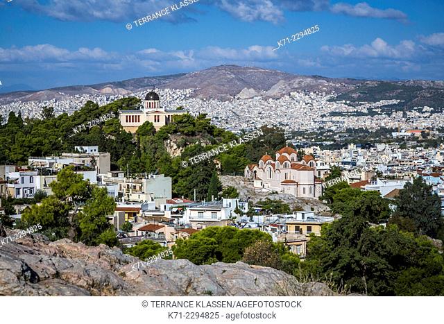 A view of the city skyline and Plaka from Mars Hill, Athens, Greece, Europe
