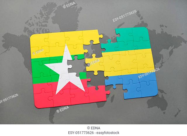 puzzle with the national flag of myanmar and gabon on a world map background. 3D illustration