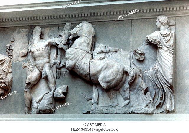 Detail from the Great Frieze of the Pergamon Altar, 180-159 BC. Horse and Helios. The 113 metre long Ancient Greek frieze depicts the 'gigantomachy'