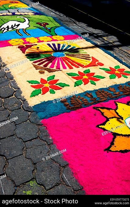 Alfombra, colorful sawdust carpet on street made for Semana Santa, Easter, Santiago Atitlan, Guatemala