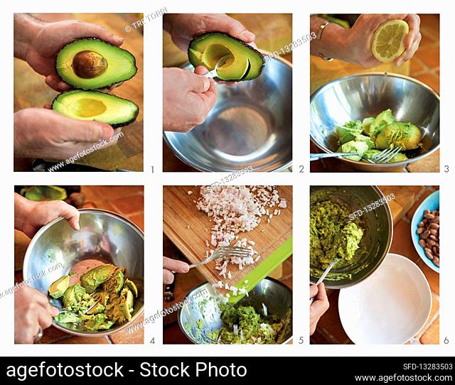 Woman Making Guacamole on Lap with Mortar and Pestle