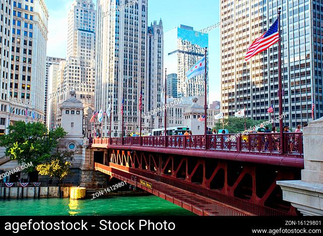 Chicago, USA - July 8th 2014: The iconic DuSable bridge and Michigan Ave in Chicago, Illinois, USA on a hot summer's day