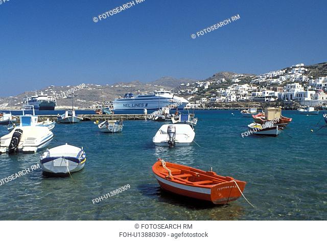 Mykonos, Greek Islands, Cyclades, Greece, Europe, Boats buoyed in Mykonos Harbor on the Aegean Sea
